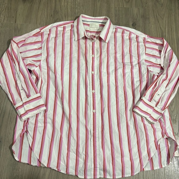 J Crew Poplin Shirt Top Pink White Stripe Relaxed Fit Washed Cotton Sz 20 Preppy - Picture 3 of 11